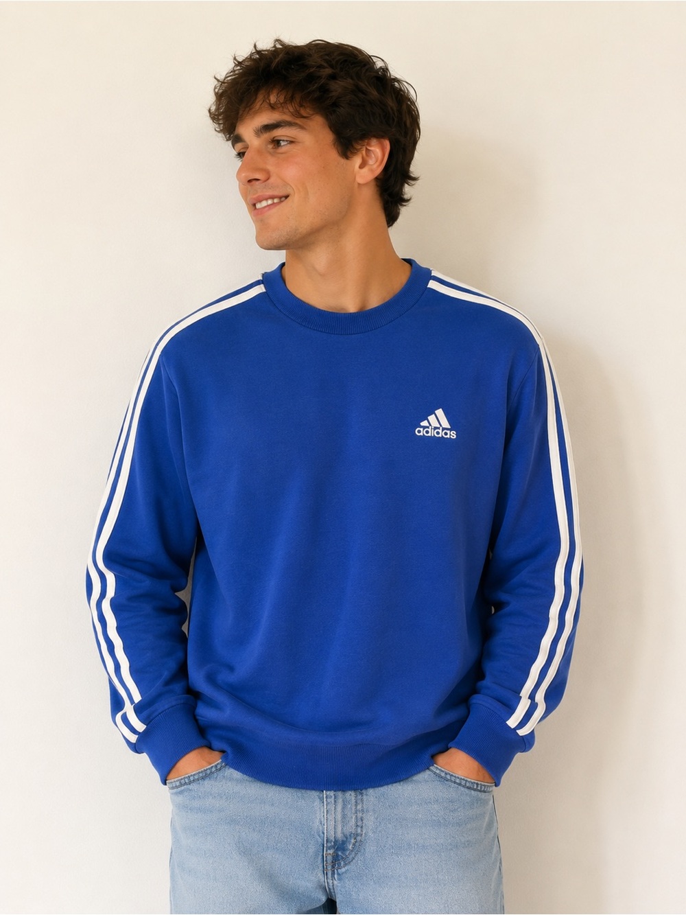adidas Essentials 3-Stripes Fleece Sweatshirt in Bold Blue